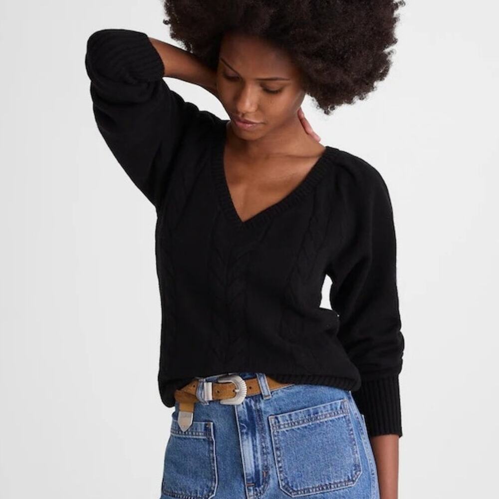 NWT Madewell V-Neck Pullover Sweater Relaxed Merino Wool Black Women's Size XXS